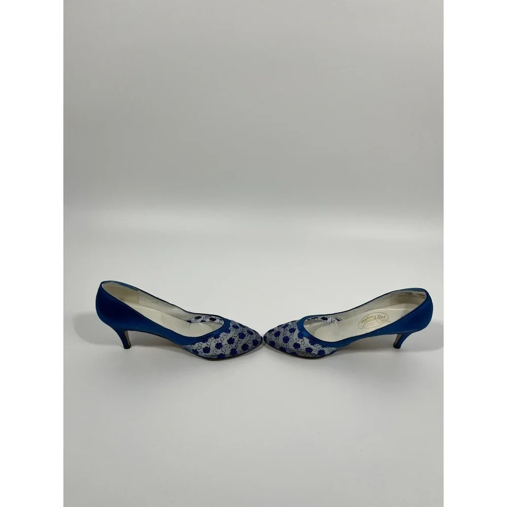 Vintage Womens 10 Heels Blue Mesh Sheer Floral Wedding Guest Chic Quiet Luxury